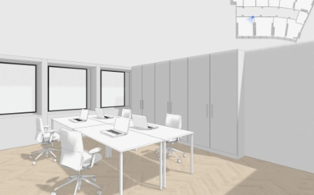 Helles Büro mit vier Schreibtischen und Laptops, Schränke an der Wand, ideal zum Büro mieten in Zürich City, Nüschelerstrasse 31.