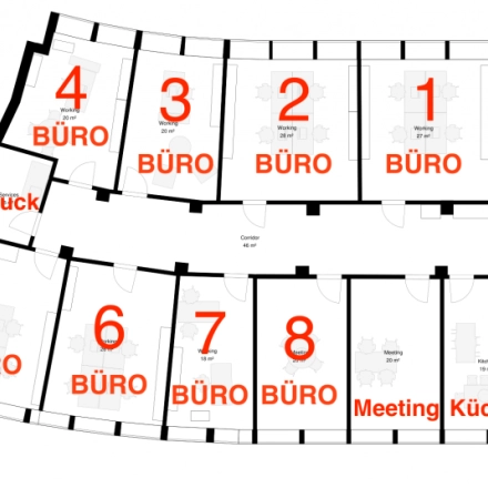 Grundriss mit mehreren Büroräumen zur Miete in der Nüschelerstrasse 31, Zürich City, ideal zur Bürofläche Mieten.