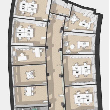 Moderne Bürofläche mieten in Zürich City: Großzügige Aufteilung mit mehreren Arbeitsbereichen und Konferenzräumen für effektives Arbeiten.