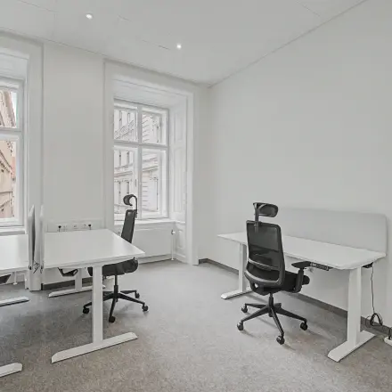 Bright office space at Wollzeile 11, 1010 Vienna, featuring ergonomic chairs and desks near large windows. Ideal for office space rental with natural light.