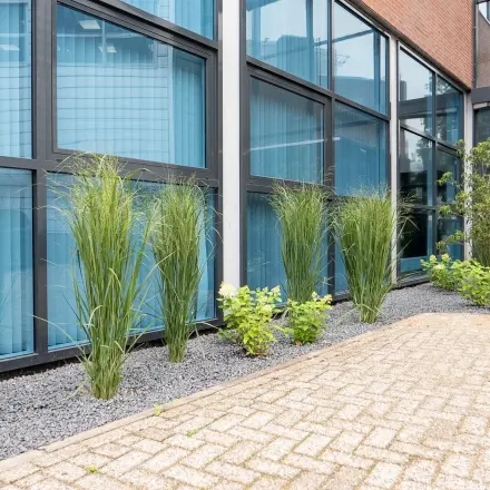 Exterior view of office building at Maanlander 43, Amersfoort Calveen, with glass windows and landscaped path.