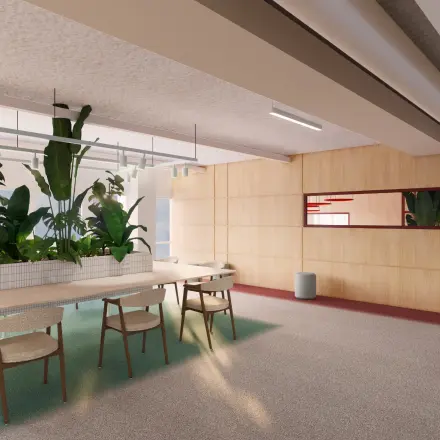 Furnished office space at Stroombaan 4 in Amstelveen with tables, chairs, and greenery, ideal for office space rental.