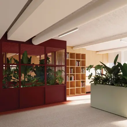 Bright office space for rent at Stroombaan 4 in Amstelveen, featuring modern furnishings, large windows, and indoor plants.