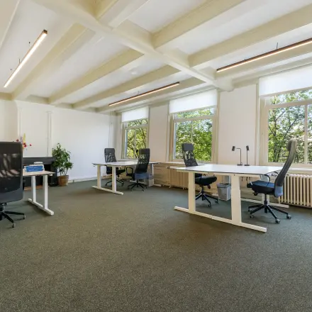 Bright office space with modern desks and chairs, large windows overlooking trees in the Amsterdam Canal Belt.