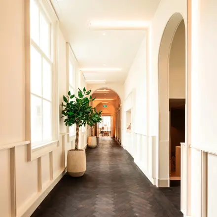 Bright hallway in a Keizersgracht 264 office to rent, featuring large windows and potted plants, offering a welcoming space for office space rental.