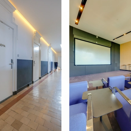A cinema room with blue chairs and a large screen in an office space available for rent at Raamplein 1, Amsterdam Center.