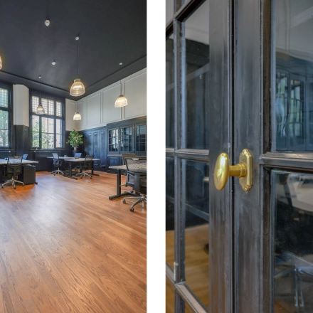 Spacious and stylish office at Raamplein 1, Amsterdam Center, with wooden flooring and modern lighting. Ideal for rent office space with multiple desks and chairs arranged for work.