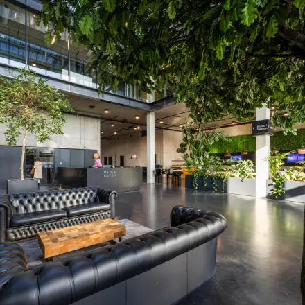 Stylish office space in Amsterdam Houthavens with modern furnishings and greenery, ideal for office space rental.