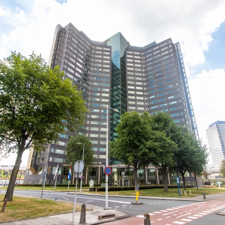 Exterior view of a modern office building at Radarweg 29, Amsterdam Sloterdijk, showcasing office space rental opportunities.