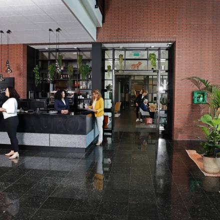 Professionals engaging in conversation at a reception area of an office space available for rent at Teleportboulevard 110, Amsterdam Sloterdijk. The office features a modern design with plants and seating.