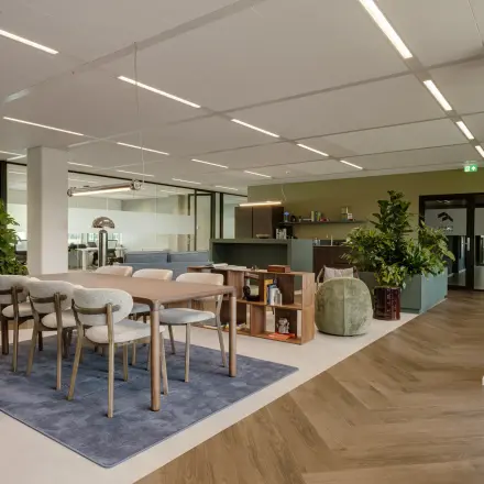 Spacious furnished office at Herikerbergweg 290, Amsterdam South East, features plants and modern furniture, ideal for office space rental.