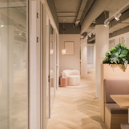 Modern, furnished office space rental at Hullenbergweg 109-135, Amsterdam South East, featuring stylish seating areas and contemporary decor.