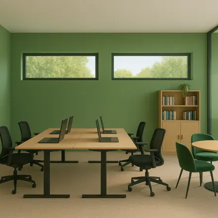 Furnished office interior at Johan Cruijff Boulevard 89, Amsterdam South East, featuring workspaces with desks, chairs, and a small meeting table. Ideal for office space rental.