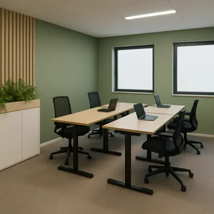 Bright furnished office space at Johan Cruijff Boulevard 89, Amsterdam South East available for rent, featuring desks with laptops, chairs, and indoor plants.