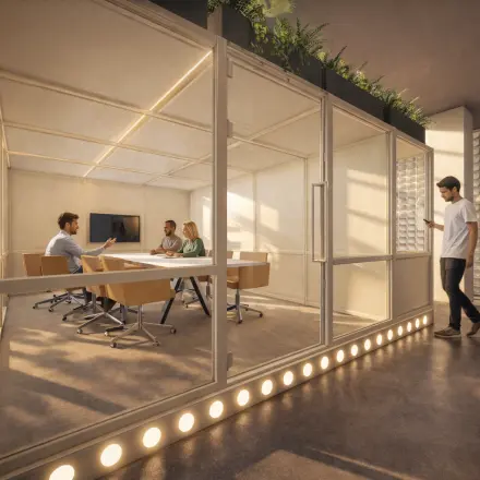 Office space rental at Luttenbergweg 8, Amsterdam South East, featuring a glass-enclosed meeting room where individuals discuss business matters.