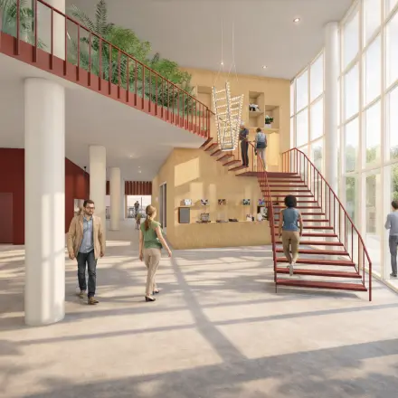 Spacious office interior at Luttenbergweg 8, Amsterdam South East, featuring a modern staircase and floor-to-ceiling windows. People are interacting and utilizing the open workspaces, perfect for office space rental.