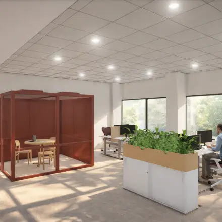 Bright office space at Luttenbergweg 8 in Amsterdam South East with modern furnishings, large windows, and a private meeting pod. Ideal for office space rental.