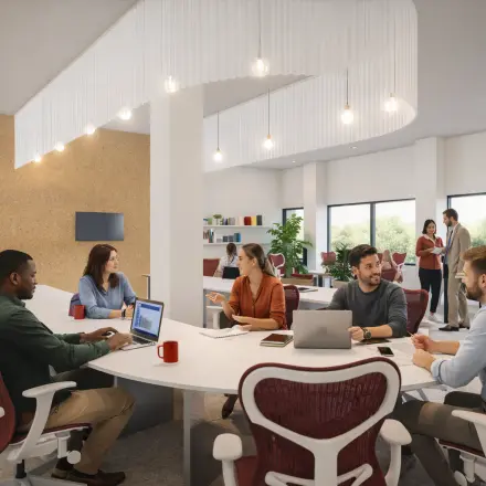 Modern office space rental at Luttenbergweg 8, Amsterdam South East, featuring a collaborative workspace with people engaged in discussions around a table, surrounded by natural light from large windows.