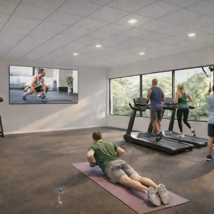 A modern fitness area with individuals engaging in workout activities, including weightlifting, treadmill exercises, and yoga, ideal for those renting office space seeking health facilities.