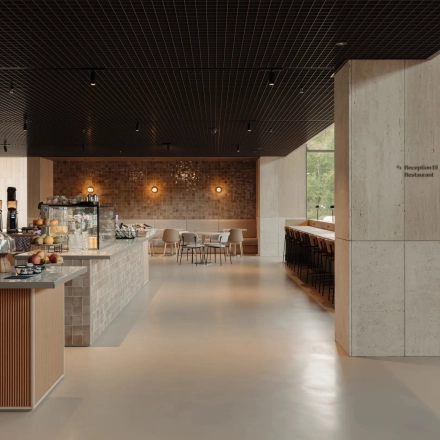 Modern office space in Amsterdam West at Nachtwachtlaan 20 featuring a stylish, furnished interior with seating areas and coffee station, ideal for office space rental.