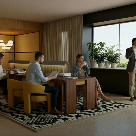 Rent office space at Barbara Strozzilaan 101 101, Amsterdam Zuidas. People engaged in various business activities in a furnished, well-lit workspace with large windows.