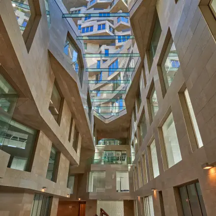 Interior view of an office building at Beethovenstraat 503, Amsterdam Zuidas, showcasing its modern architecture suitable for office space rental.