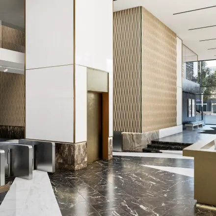 Modern reception area with stylish decor at an office space rental in Amsterdam Zuidas, Claude Debussylaan 80-134.