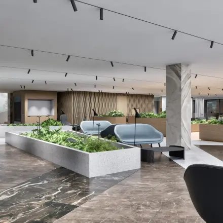 Elegant office space rental at Claude Debussylaan 80-134 in Amsterdam Zuidas, featuring modern furnishings and a spacious, open floorplan with natural light.