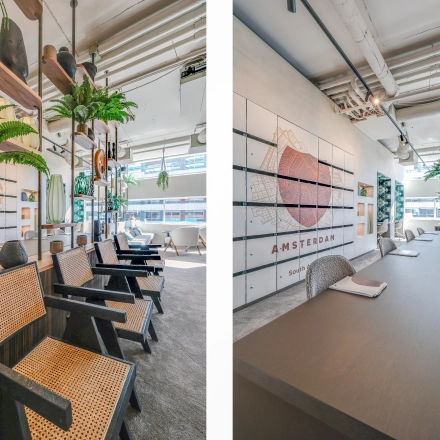 Chic office space with natural lighting at Gustav Mahlerlaan 308, featuring furnished work areas with stylish chairs and greenery. Ideal for office space rental in Amsterdam Zuidas.