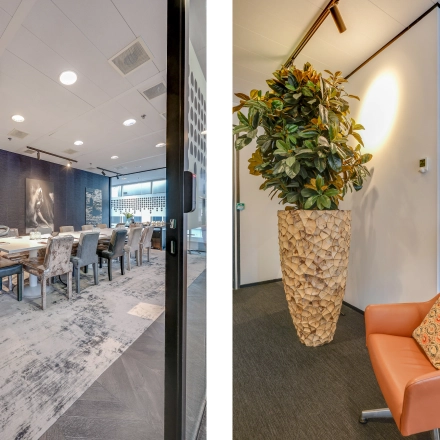 Sleek conference room and cozy lounge area for rent at Gustav Mahlerplein 28 & 58-60. Ideal office space rental in Amsterdam Zuidas.