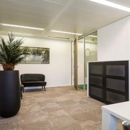 Office space at Prins Willem-Alexanderlaan 301 in Apeldoorn, featuring modern decor with a large plant and artwork, suitable for office space rental.