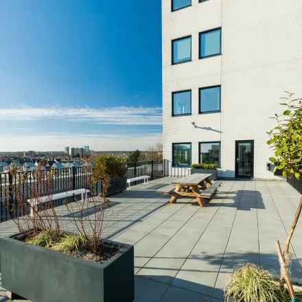 Sunny outdoor terrace at Prins Willem Alexanderlaan 701 in Apeldoorn, ideal for office space rental with views of the cityscape.