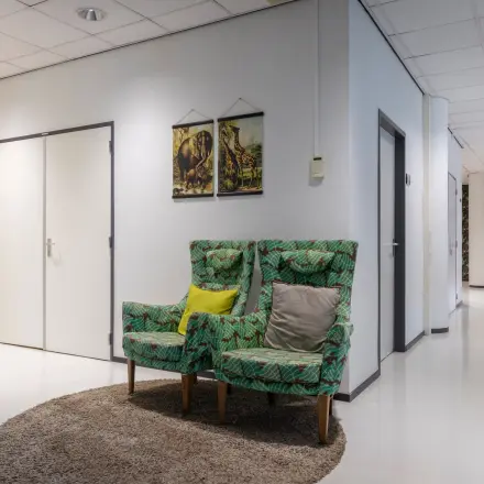 Furnished office interior at Amalialaan 126, Baarn, displaying cozy chairs in a hallway, ideal for rent office space seekers. Subtle decor enhances the atmosphere for office space rental.
