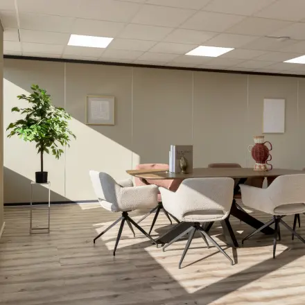 Bright office space at Kamerlingh Onnesweg 10, Barendrecht, featuring modern furnishings with a round table and comfortable chairs. Ideal for office space rental.