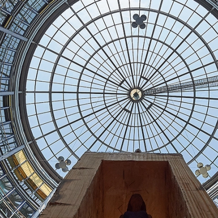 Glass-domed ceiling at Koppenstraße 93, Berlin Friedrichshain, offering a unique office space rental atmosphere with abundant natural light.