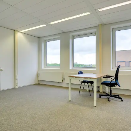 Unfurnished office space for rent at Regulierenring 2, Bunnik, with two windows and a carpeted floor.