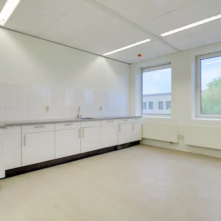 Interior view of a tidy kitchenette with countertops and cabinets at an office to rent in Bunnik.