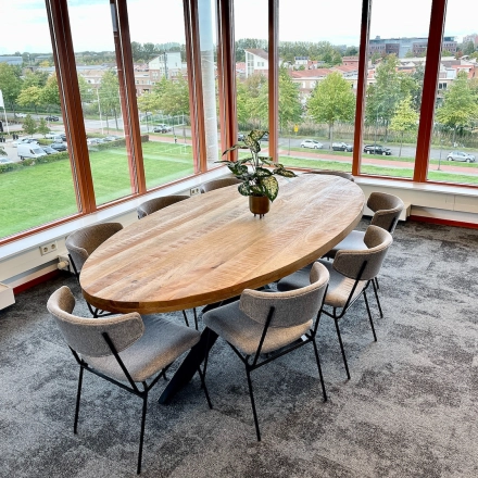 Office space at Fascinatio Boulevard 562 features a large table surrounded by chairs and a plant centerpiece, with a view of the cityscape visible through expansive windows.