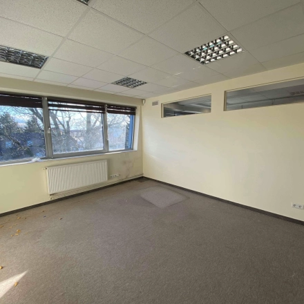 Bright office space rental at Marcika 27 in Cracow Łagiewniki Borek Fałęcki, featuring large windows overlooking natural surroundings, ideal for those seeking an office to rent with an airy ambiance.