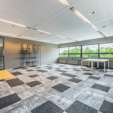 Unfurnished office space with large windows at Rijnzathe 12, De Meern, available for rent. The room features patterned carpeting and ample natural light, perfect for transforming into a dynamic workspace.