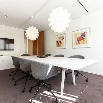 Bright office space at Marshalllaan 2, Delft with modern decor, featuring a long table, chairs, and decorative lighting, ideal for office space rental.