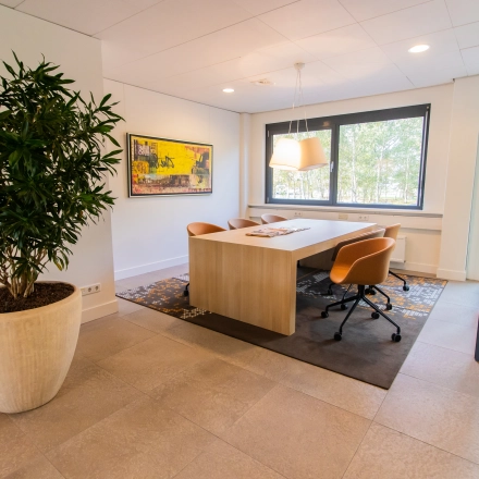 Bright office space at Marshalllaan 2, Delft, featuring a stylish meeting area with a large table, comfortable chairs, and a decorative plant. Perfect for anyone looking to rent office space.