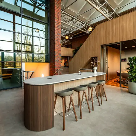 Interior view of a modern office to rent at Hambakenwetering 5, Den Bosch, showcasing a stylish furnished lounge and workspaces with natural light.