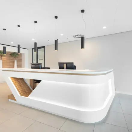 Modern reception area at Willemsplein 2, Den Bosch, perfect for office space rental. The sleek design includes a large desk, minimal decor, and multiple pendant lights.