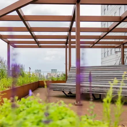 Rooftop terrace at Diemerhof 42, Diemen, featuring wooden seating and vibrant flowers, ideal for a refreshing break from the office space rental.