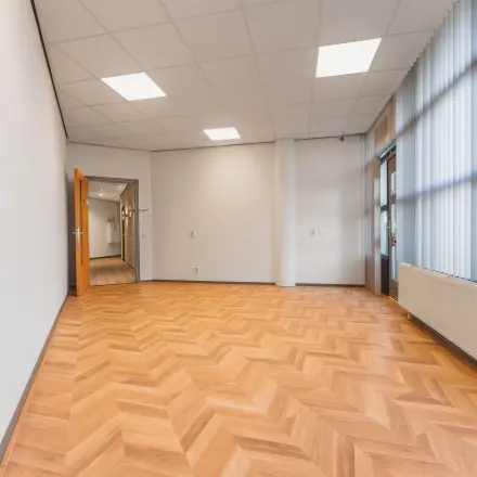 Bright office space with herringbone pattern floor and large windows at Kanaaldijk-Zuid 19, ideal for office space rental in Eindhoven Center.