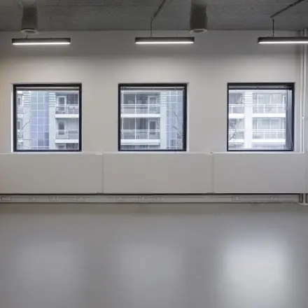 Spacious and bright office space for rent in Eindhoven Center with large windows and modern lighting.