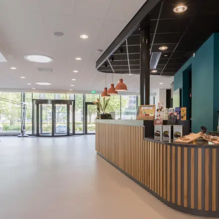 Spacious lobby area at Professor Dr Dorgelolaan 14, Eindhoven Center, featuring modern design and ample lighting, available for office space rental.