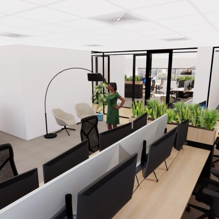 Modern office space with open floor plan at Brandweerstraat 20-30, Enschede, featuring workstations, seating area, and greenery, ideal for office space rental.