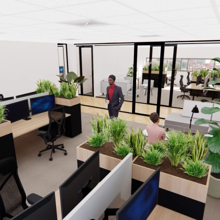 Spacious and modern office interior in Enschede, featuring multiple workstations with green plants for a refreshing atmosphere. Ideal for those seeking office space rental in a vibrant environment.